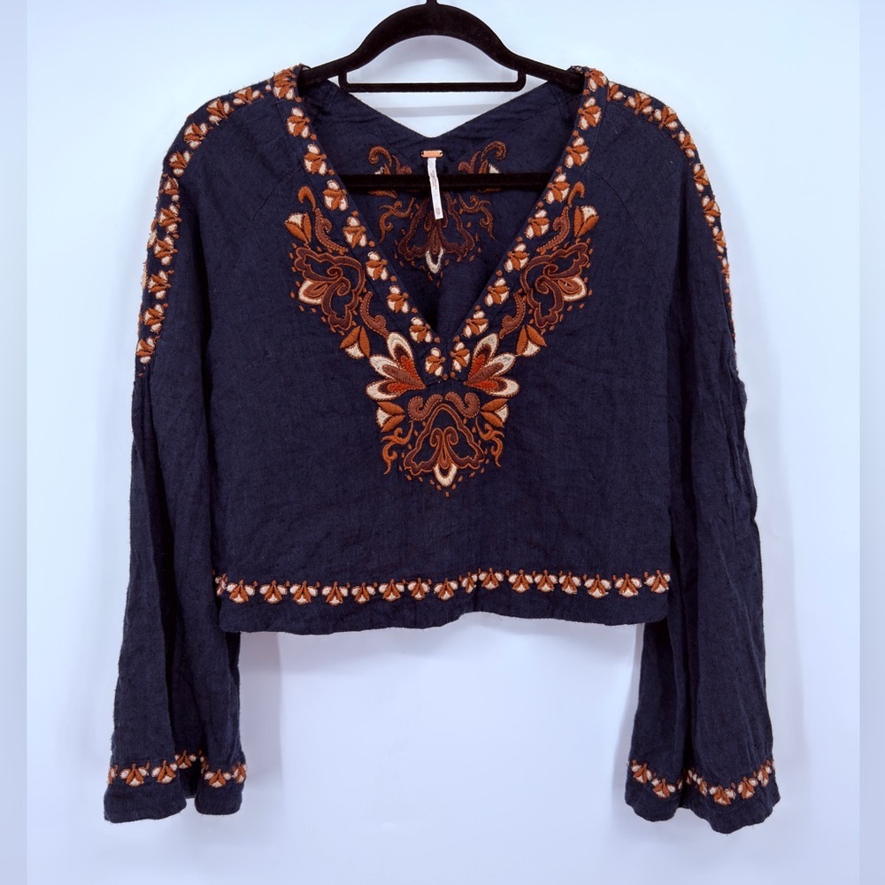 Free People Navy Embroidered Boho Crop Top XS Bell Sleeve